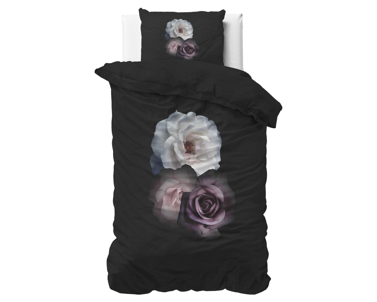 Micropercale Duvet Cover Set Deep Flowers | Black | Double - 200cm (W) x 200/220cm (L) - The Bedding & Blankets Store