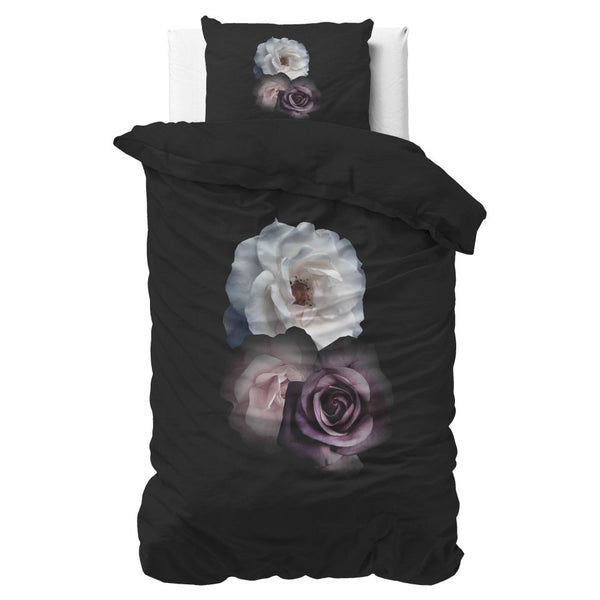 Micropercale Duvet Cover Set Deep Flowers | Black | Double - 200cm (W) x 200/220cm (L) - The Bedding & Blankets Store