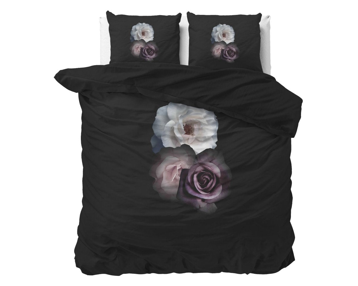 Micropercale Duvet Cover Set Deep Flowers | Black | Double - 200cm (W) x 200/220cm (L) - The Bedding & Blankets Store