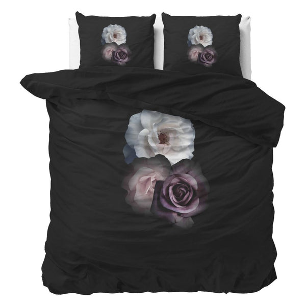 Micropercale Duvet Cover Set Deep Flowers | Black | Double - 200cm (W) x 200/220cm (L) - The Bedding & Blankets Store
