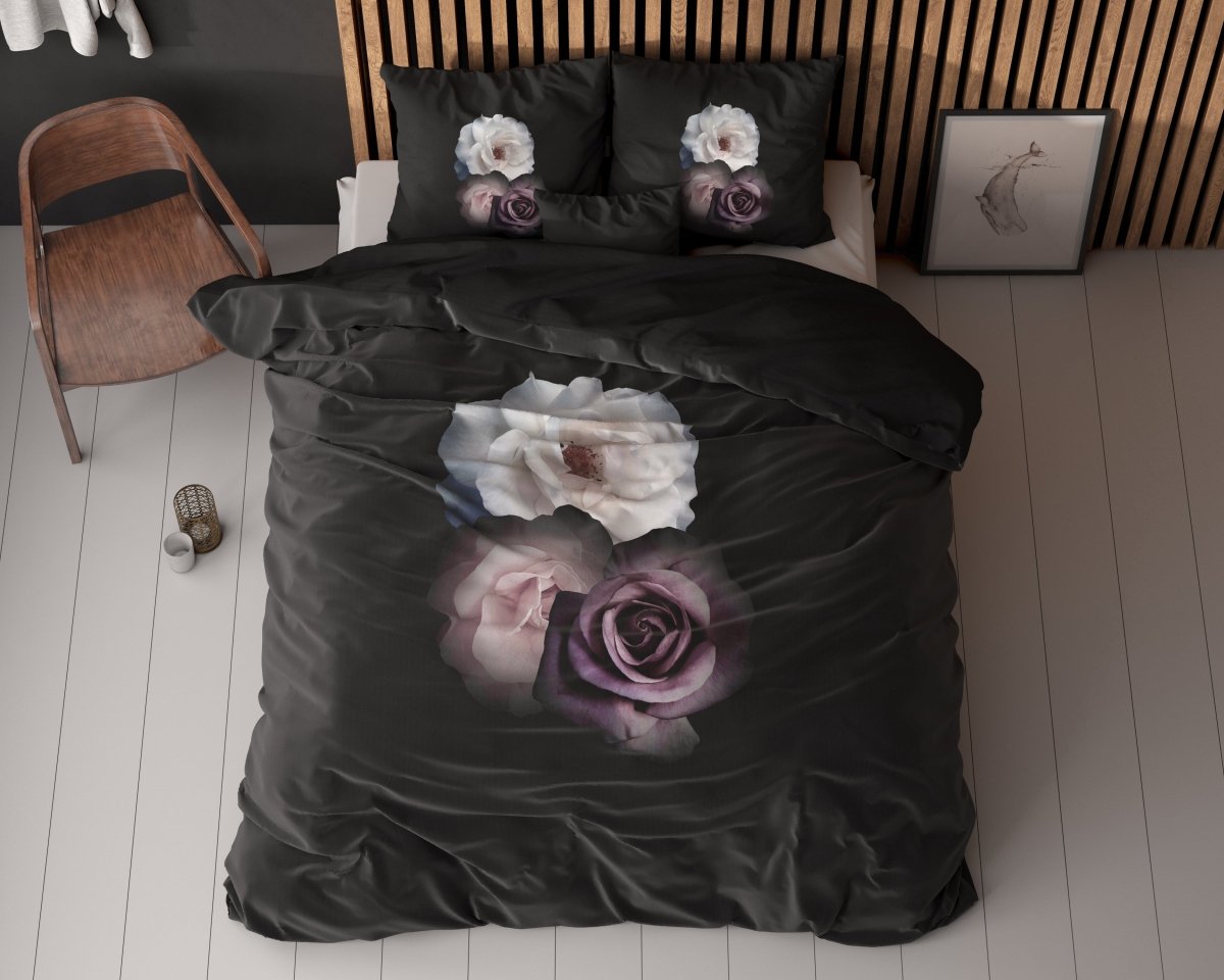 Micropercale Duvet Cover Set Deep Flowers | Black | Double - 200cm (W) x 200/220cm (L) - The Bedding & Blankets Store