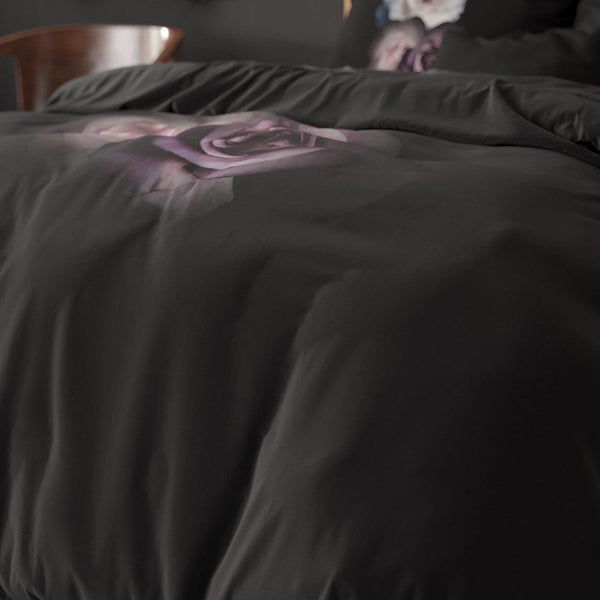 Micropercale Duvet Cover Set Deep Flowers | Black | Double - 200cm (W) x 200/220cm (L) - The Bedding & Blankets Store