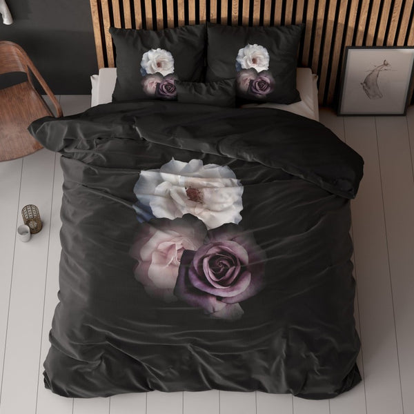 Micropercale Duvet Cover Set Deep Flowers | Black | Double - 200cm (W) x 200/220cm (L) - The Bedding & Blankets Store