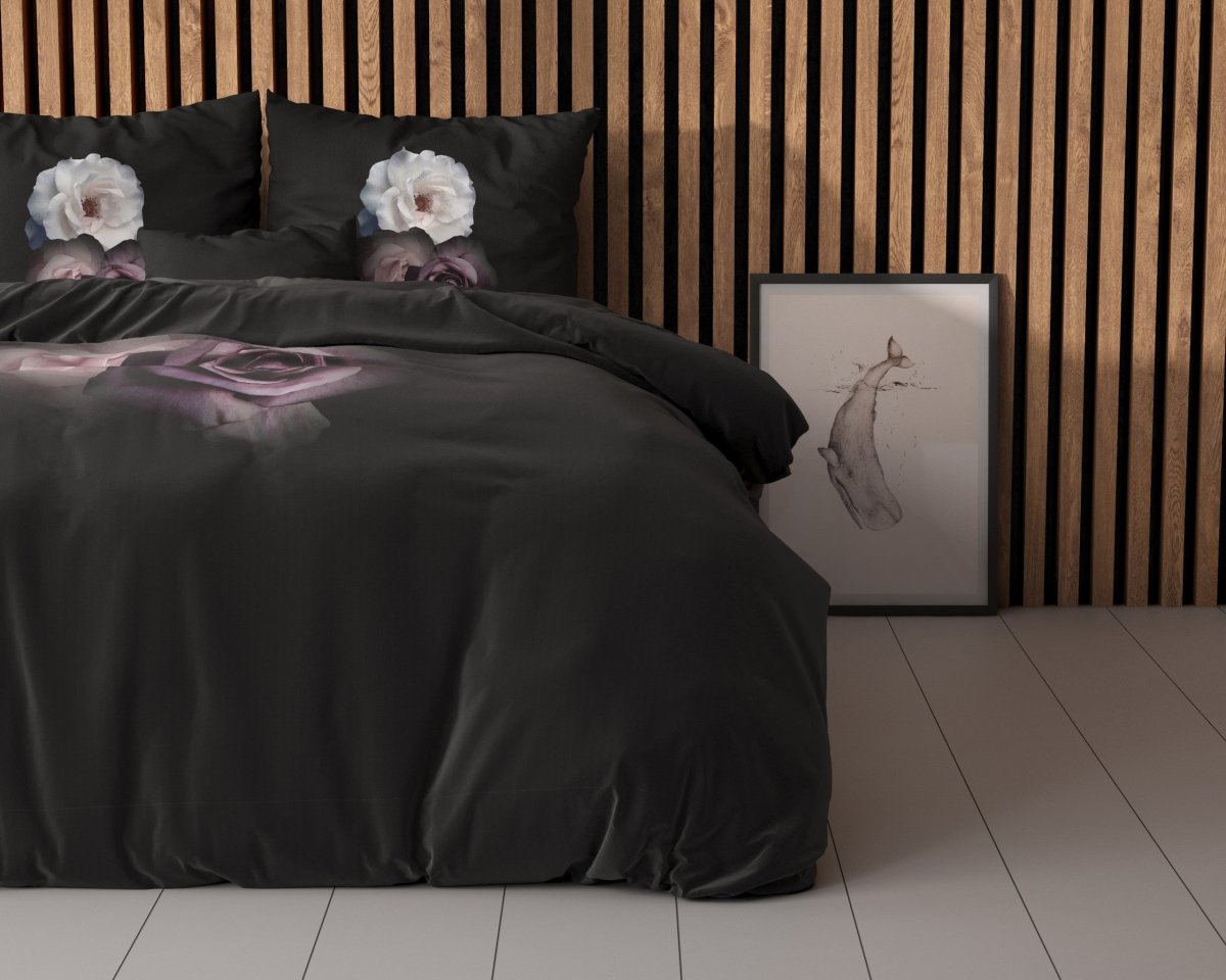 Micropercale Duvet Cover Set Deep Flowers | Black | Double - 200cm (W) x 200/220cm (L) - The Bedding & Blankets Store
