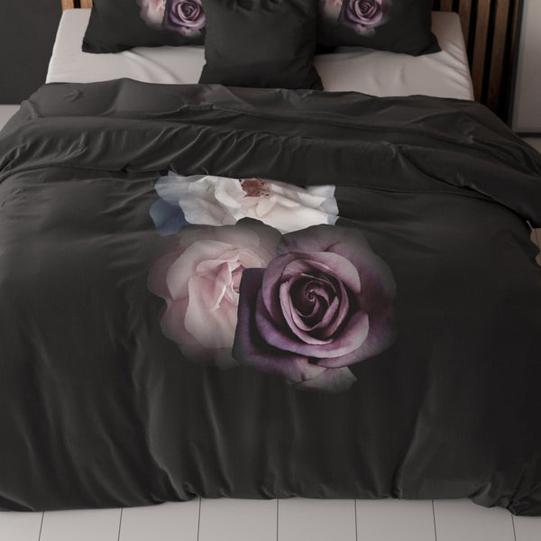 Micropercale Duvet Cover Set Deep Flowers | Black | Double - 200cm (W) x 200/220cm (L) - The Bedding & Blankets Store