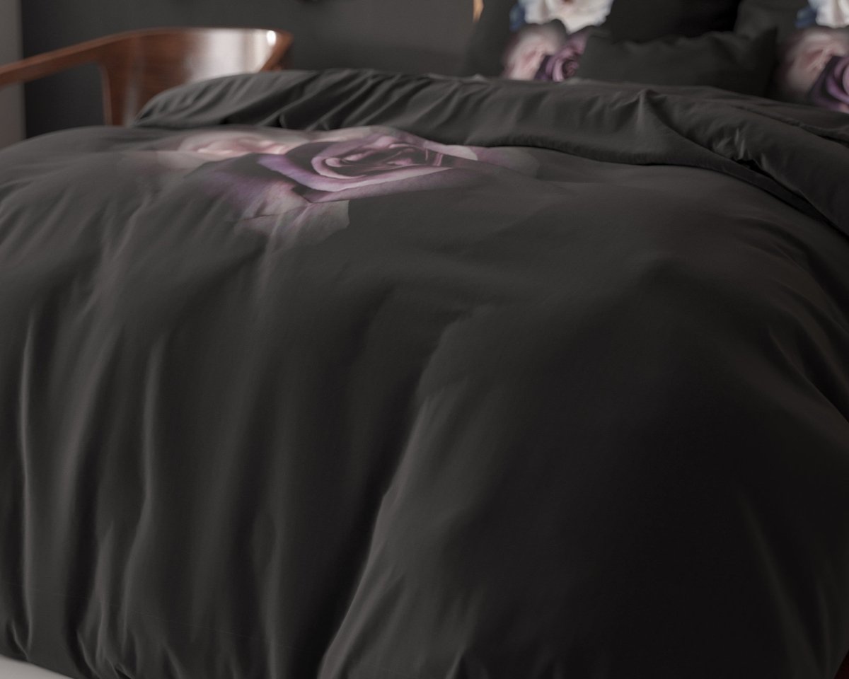 Micropercale Duvet Cover Set Deep Flowers | Black | Double - 200cm (W) x 200/220cm (L) - The Bedding & Blankets Store