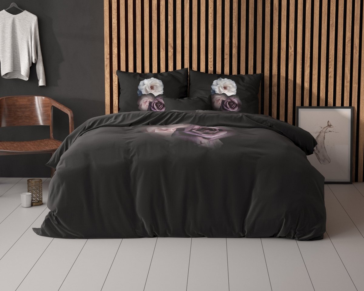 Micropercale Duvet Cover Set Deep Flowers | Black | Double - 200cm (W) x 200/220cm (L) - The Bedding & Blankets Store