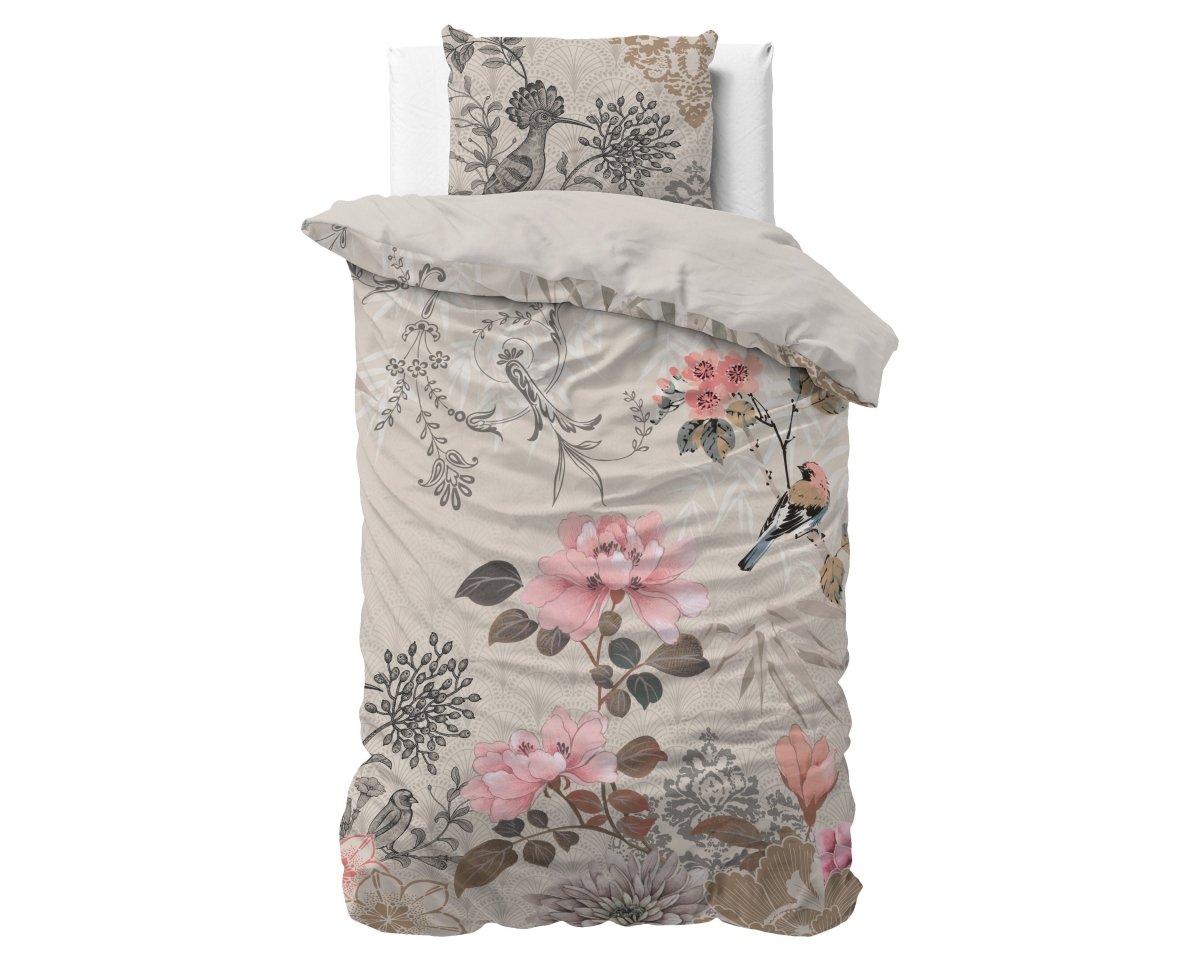 Micropercale Duvet Cover Set Forest Flowers | Cream | Double - 200cm (W) x 200/220cm (L) - The Bedding & Blankets Store