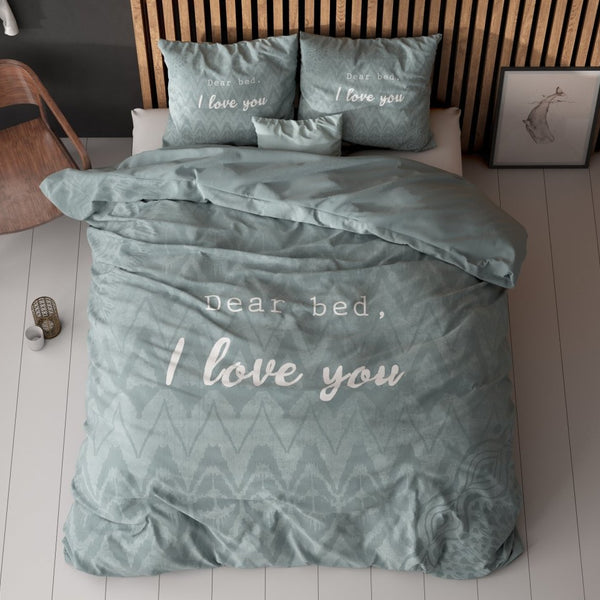 Micropercale Duvet Cover Set I Love Bed | Green | Double - 200cm (W) x 200/220cm (L) - The Bedding & Blankets Store