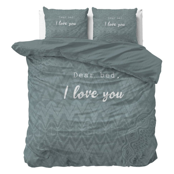 Micropercale Duvet Cover Set I Love Bed | Green | Double - 200cm (W) x 200/220cm (L) - The Bedding & Blankets Store