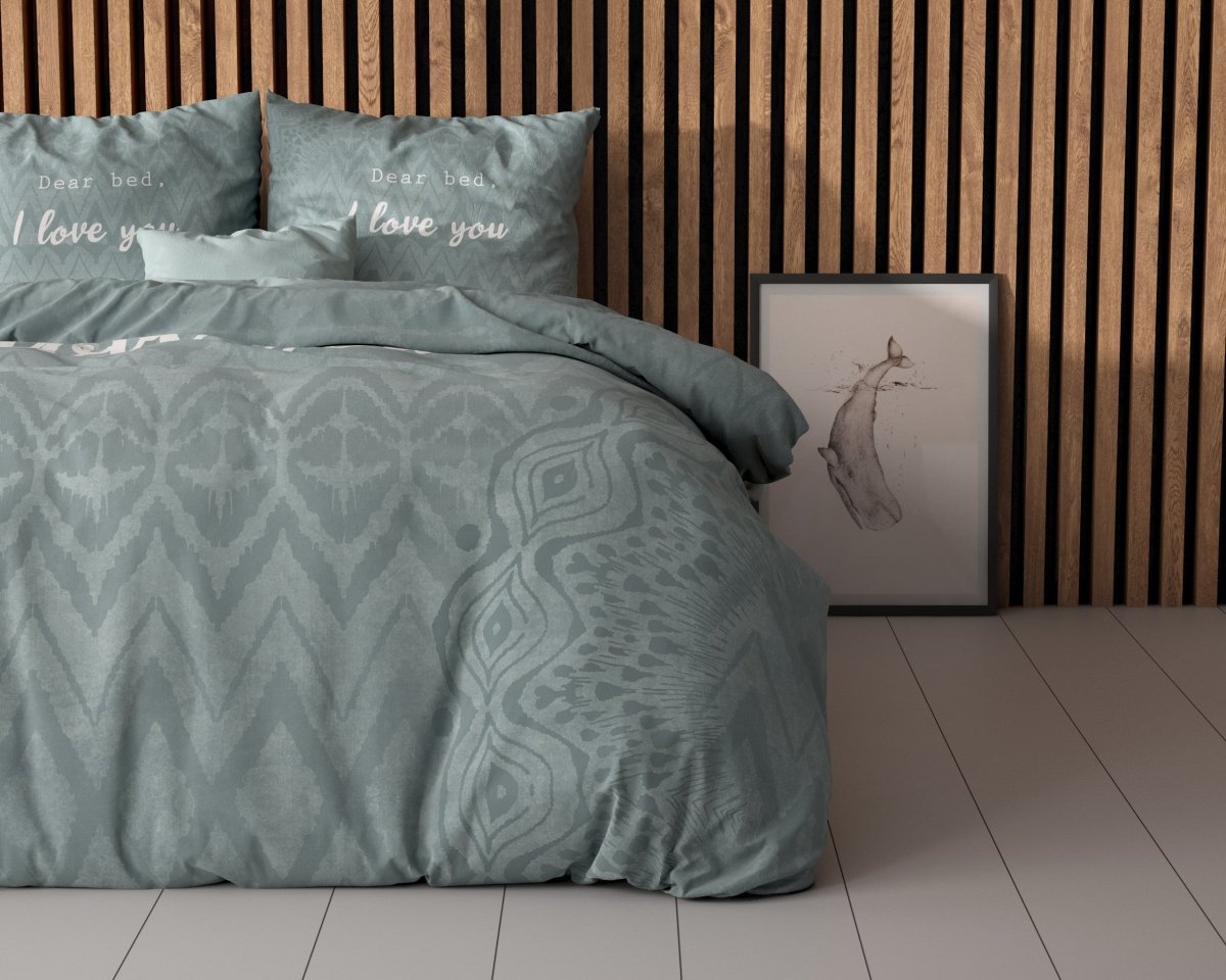 Micropercale Duvet Cover Set I Love Bed | Green | Double - 200cm (W) x 200/220cm (L) - The Bedding & Blankets Store