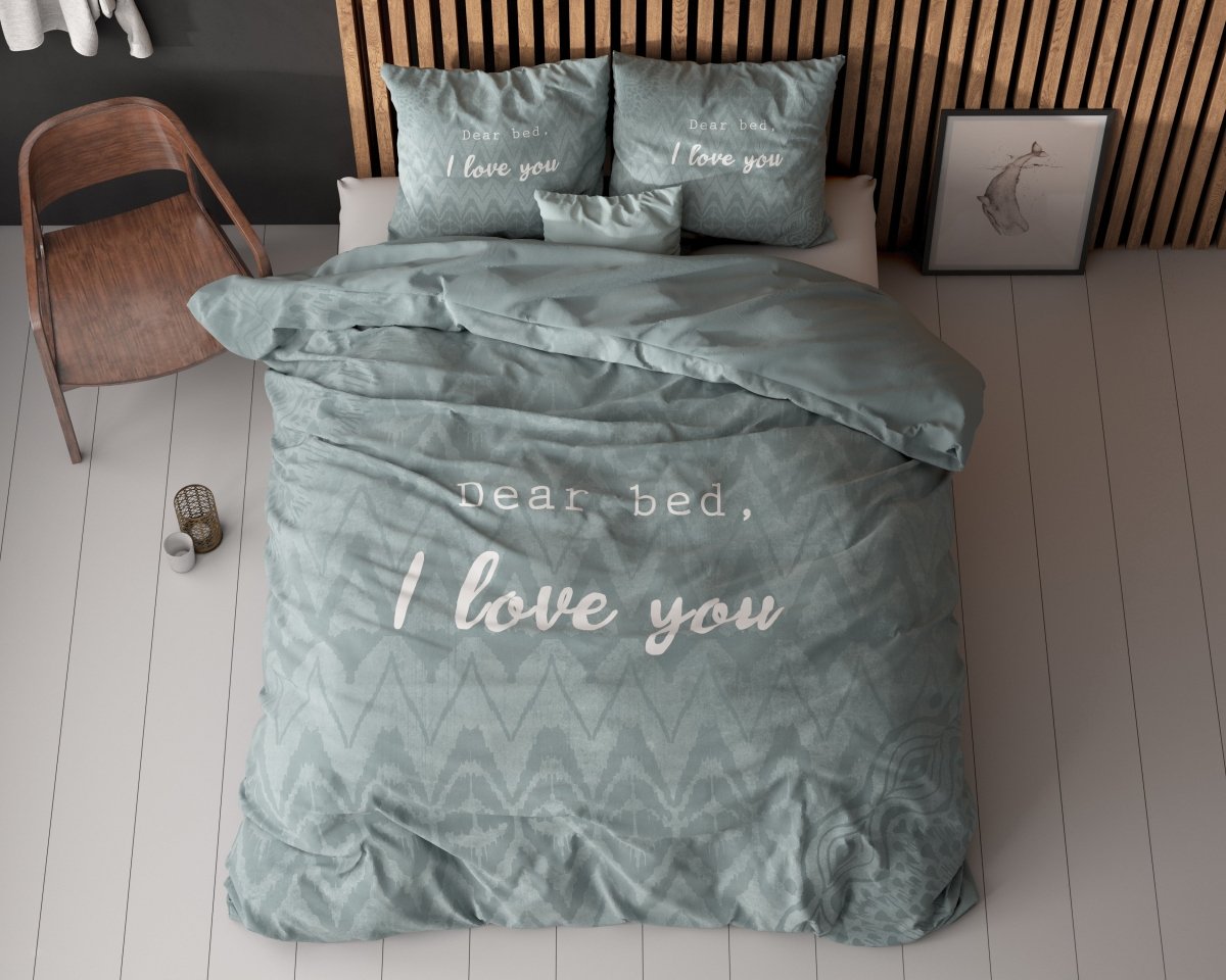 Micropercale Duvet Cover Set I Love Bed | Green | Double - 200cm (W) x 200/220cm (L) - The Bedding & Blankets Store