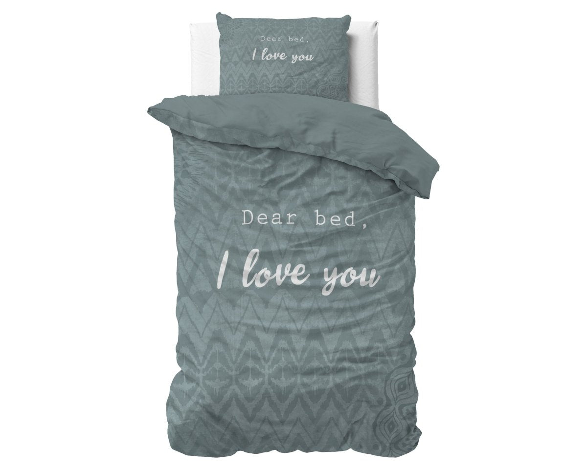 Micropercale Duvet Cover Set I Love Bed | Green | Double - 200cm (W) x 200/220cm (L) - The Bedding & Blankets Store