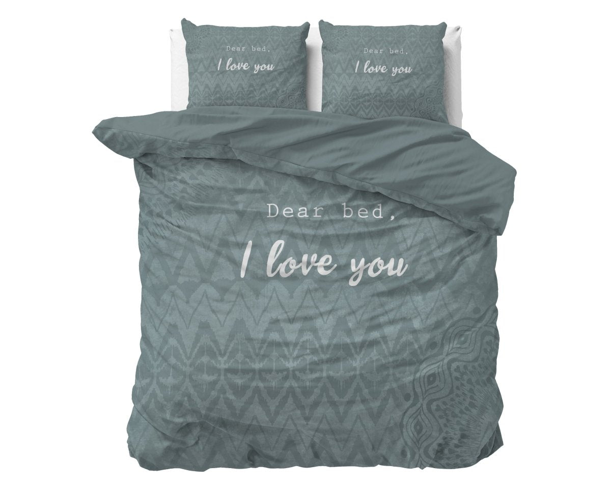 Micropercale Duvet Cover Set I Love Bed | Green | Double - 200cm (W) x 200/220cm (L) - The Bedding & Blankets Store
