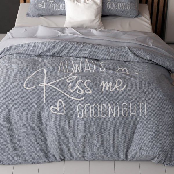 Micropercale Duvet Cover Set Kiss Me | Blue | Double - 200cm (W) x 200/220cm (L) - The Bedding & Blankets Store