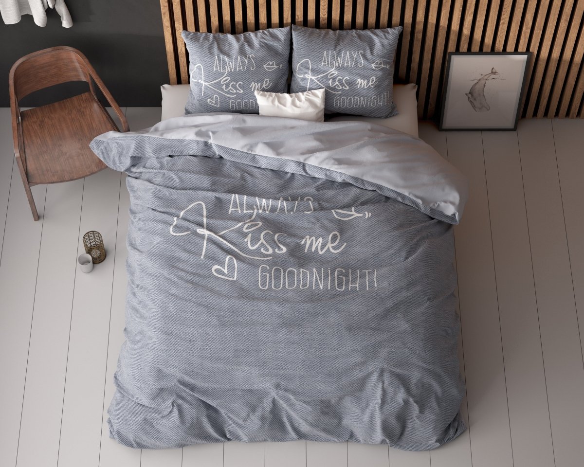 Micropercale Duvet Cover Set Kiss Me | Blue | Double - 200cm (W) x 200/220cm (L) - The Bedding & Blankets Store