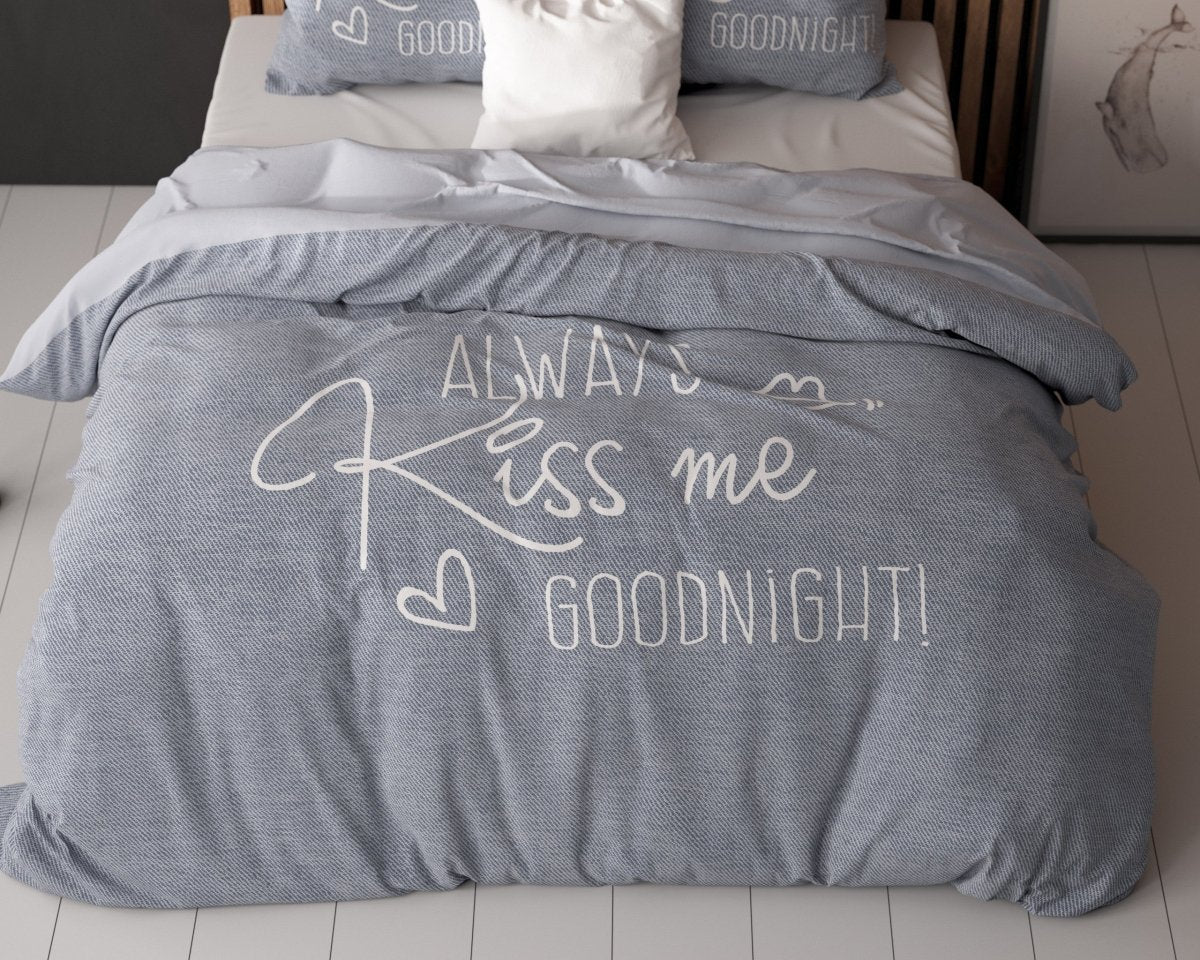 Micropercale Duvet Cover Set Kiss Me | Blue | Double - 200cm (W) x 200/220cm (L) - The Bedding & Blankets Store