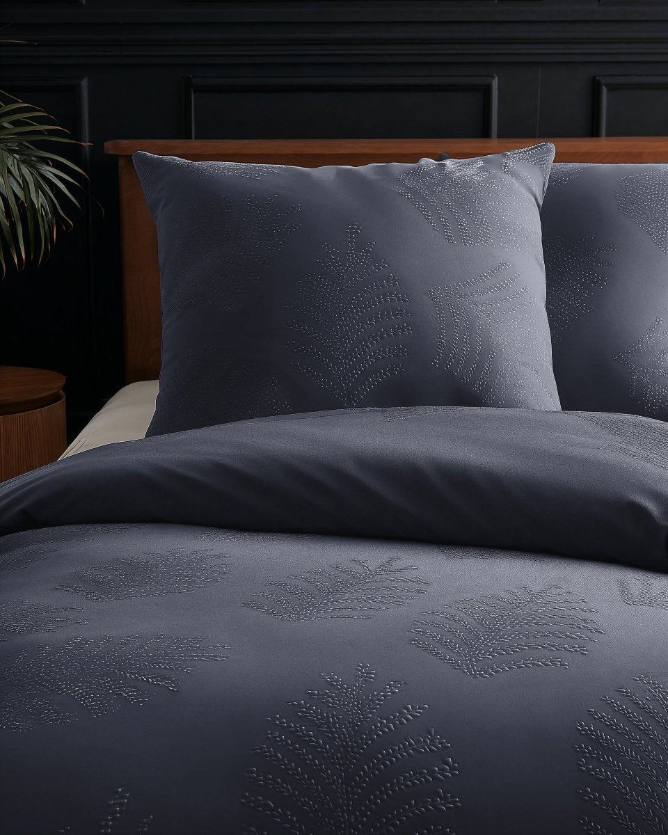 Micropercale Duvet Cover Set Leaves 3D | Anthracite | Double - 200cm (W) x 200/220cm (L) - The Bedding & Blankets Store