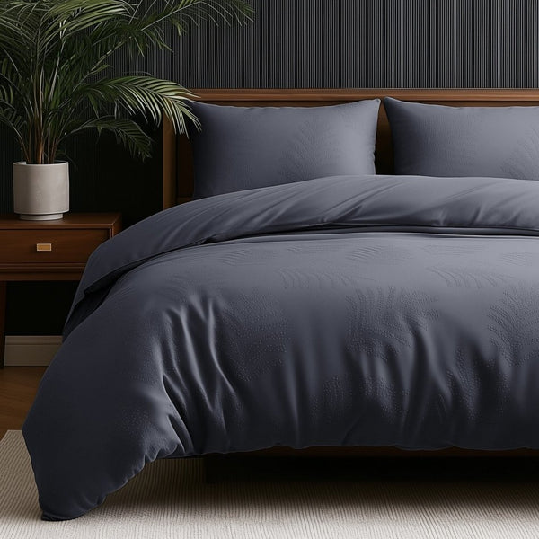 Micropercale Duvet Cover Set Leaves 3D | Anthracite | Double - 200cm (W) x 200/220cm (L) - The Bedding & Blankets Store