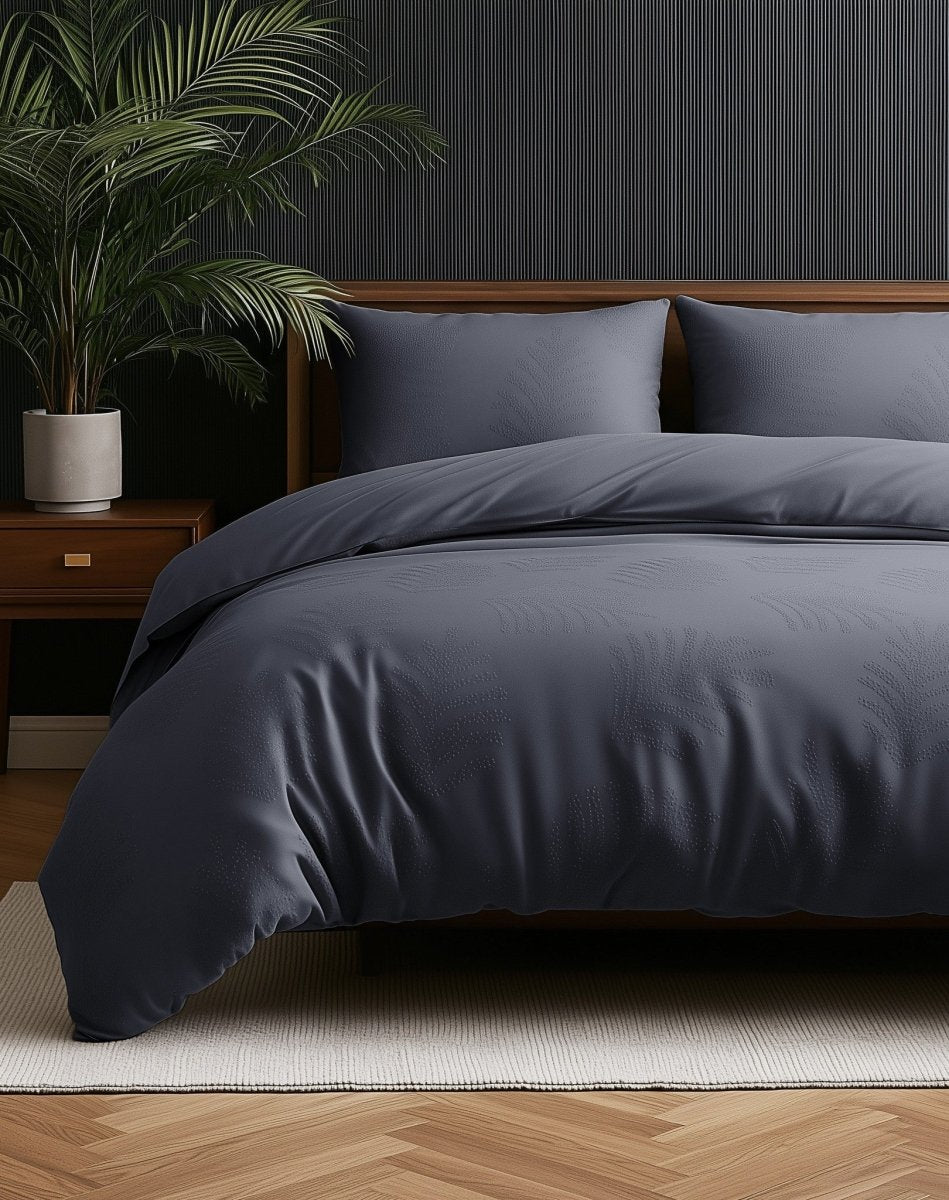Micropercale Duvet Cover Set Leaves 3D | Anthracite | Double - 200cm (W) x 200/220cm (L) - The Bedding & Blankets Store