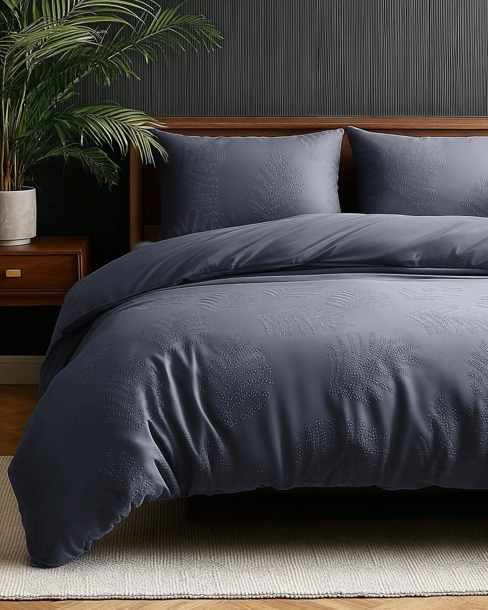 Micropercale Duvet Cover Set Leaves 3D | Anthracite | Double - 200cm (W) x 200/220cm (L) - The Bedding & Blankets Store