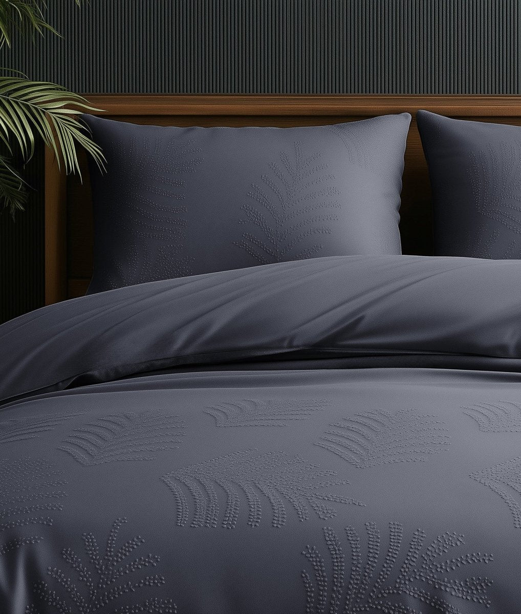 Micropercale Duvet Cover Set Leaves 3D | Anthracite | Double - 200cm (W) x 200/220cm (L) - The Bedding & Blankets Store