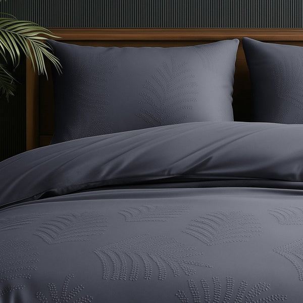 Micropercale Duvet Cover Set Leaves 3D | Anthracite | Double - 200cm (W) x 200/220cm (L) - The Bedding & Blankets Store