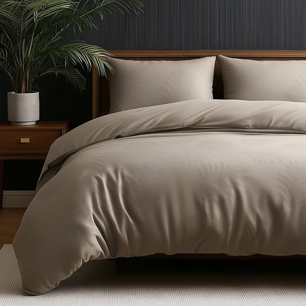 Micropercale Duvet Cover Set Leaves 3D | Taupe/Grey | Double - 200cm (W) x 200/220cm (L) - The Bedding & Blankets Store