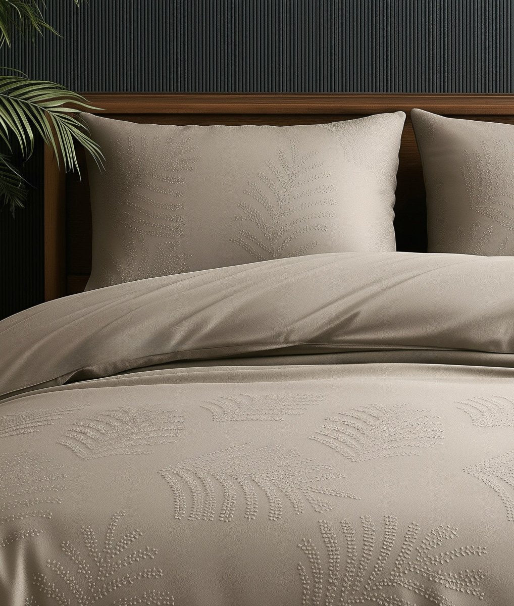 Micropercale Duvet Cover Set Leaves 3D | Taupe/Grey | Double - 200cm (W) x 200/220cm (L) - The Bedding & Blankets Store