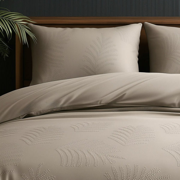 Micropercale Duvet Cover Set Leaves 3D | Taupe/Grey | Double - 200cm (W) x 200/220cm (L) - The Bedding & Blankets Store