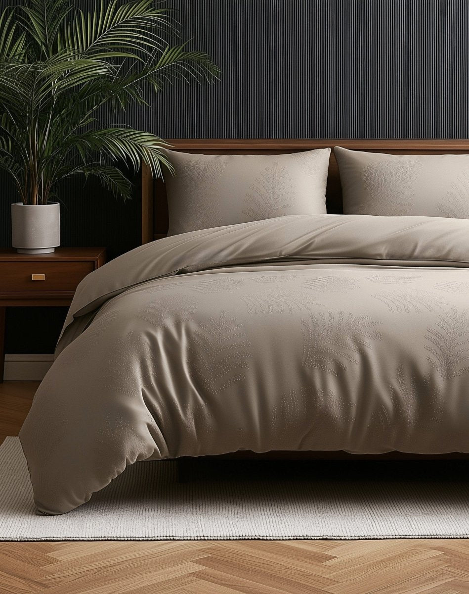 Micropercale Duvet Cover Set Leaves 3D | Taupe/Grey | Double - 200cm (W) x 200/220cm (L) - The Bedding & Blankets Store
