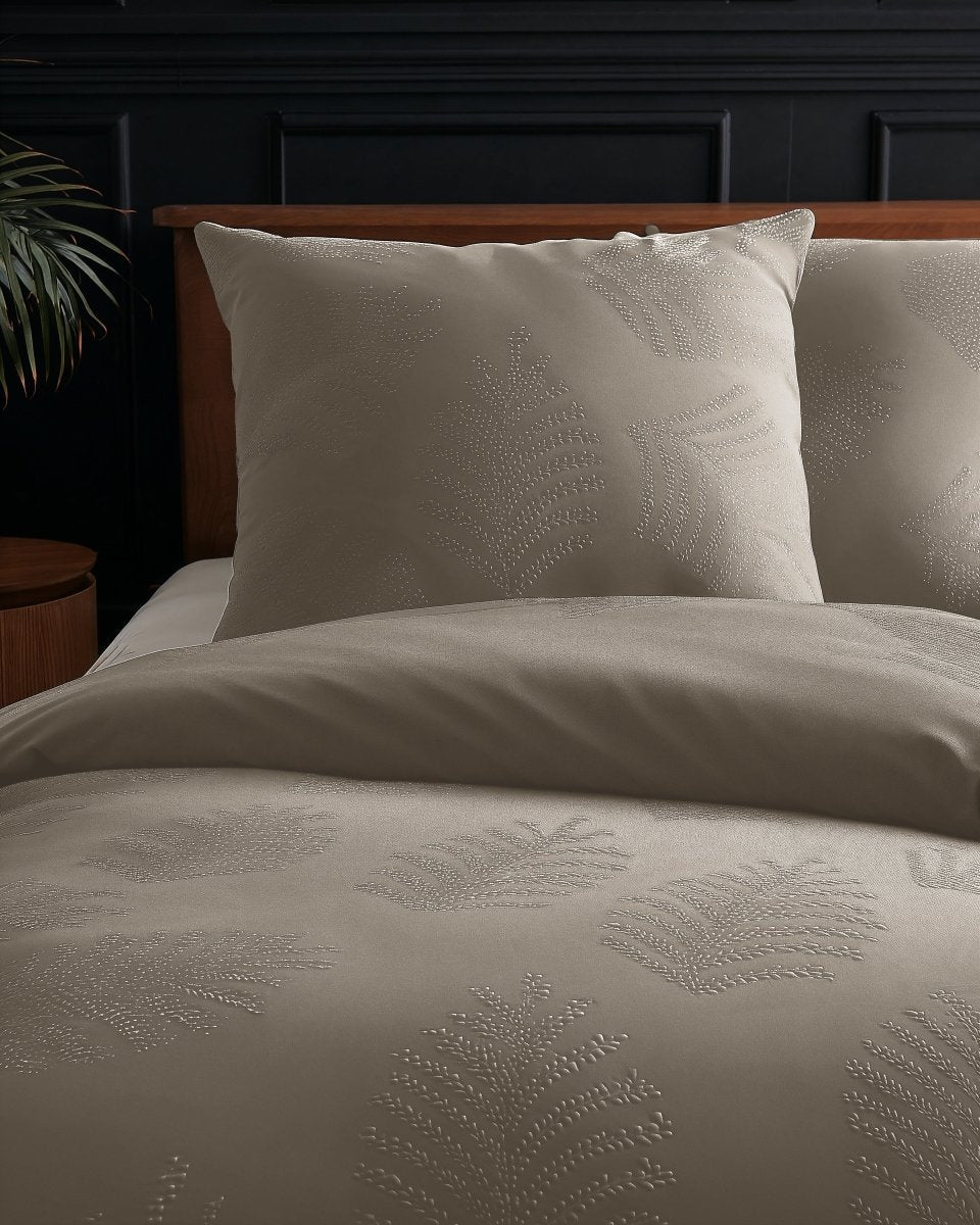 Micropercale Duvet Cover Set Leaves 3D | Taupe/Grey | Double - 200cm (W) x 200/220cm (L) - The Bedding & Blankets Store