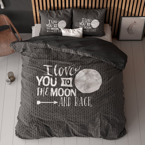 Micropercale Duvet Cover Set Moon and Back | Anthracite | Double - 200cm (W) x 200/220cm (L) - The Bedding & Blankets Store