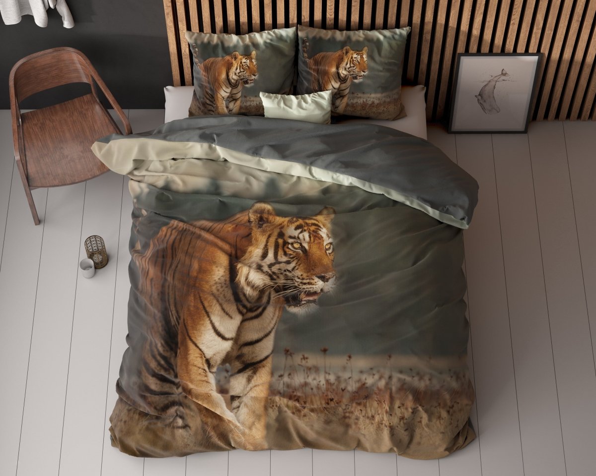 Micropercale Duvet Cover Set Nature Tiger | Taupe | Double - 200cm (W) x 200/220cm (L) - The Bedding & Blankets Store