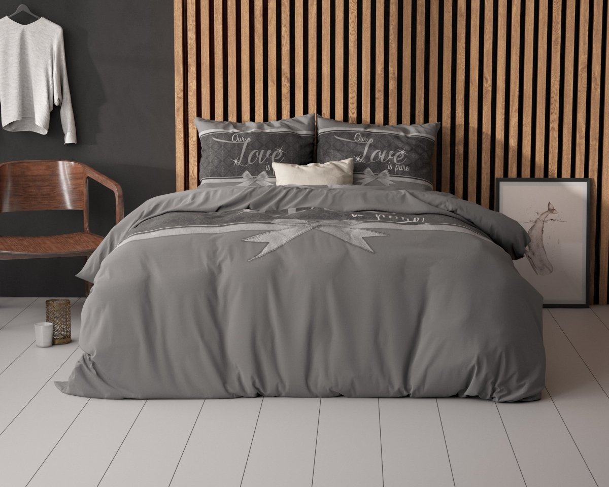 Micropercale Duvet Cover Set Pure Love | Grey | Double - 200cm (W) x 200/220cm (L) - The Bedding & Blankets Store