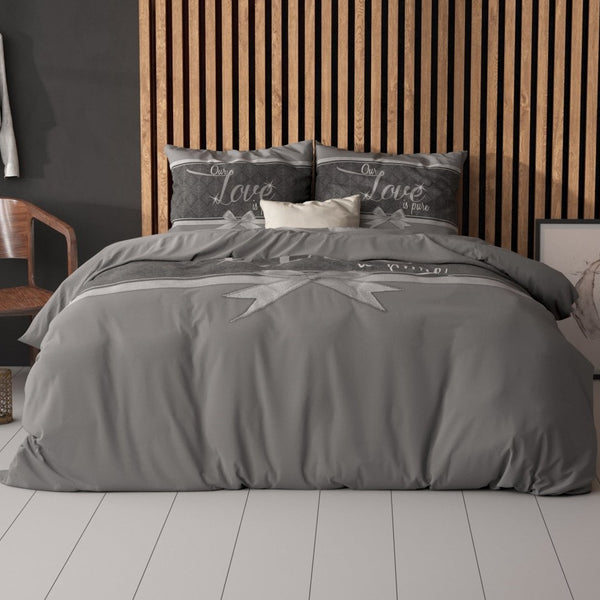 Micropercale Duvet Cover Set Pure Love | Grey | Double - 200cm (W) x 200/220cm (L) - The Bedding & Blankets Store