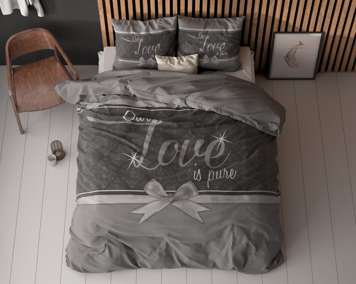 Micropercale Duvet Cover Set Pure Love | Grey | Double - 200cm (W) x 200/220cm (L) - The Bedding & Blankets Store