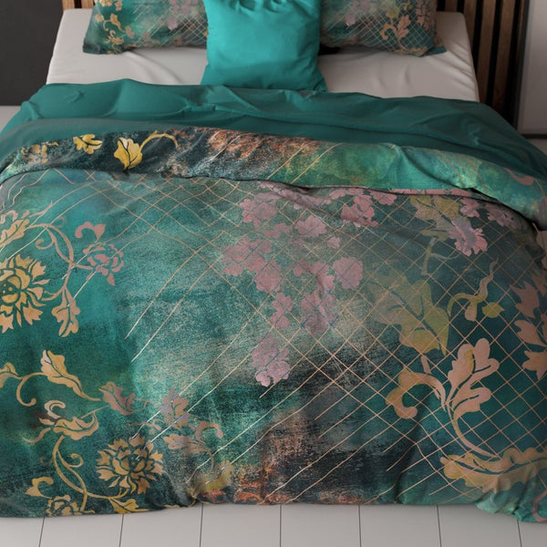 Micropercale Duvet Cover Set Raddison Flower | Green | Double - 200cm (W) x 200/220cm (L) - The Bedding & Blankets Store