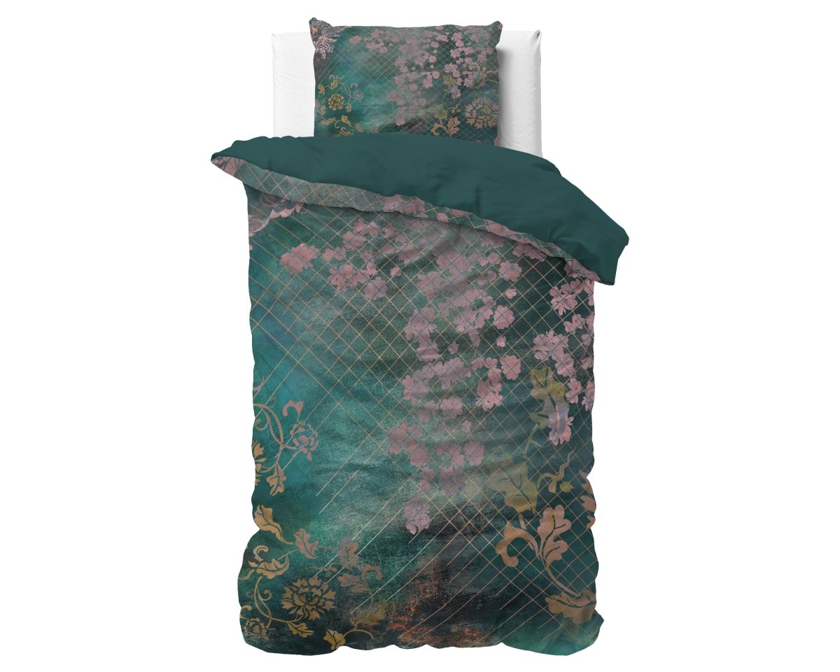Micropercale Duvet Cover Set Raddison Flower | Green | Double - 200cm (W) x 200/220cm (L) - The Bedding & Blankets Store