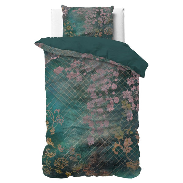 Micropercale Duvet Cover Set Raddison Flower | Green | Double - 200cm (W) x 200/220cm (L) - The Bedding & Blankets Store