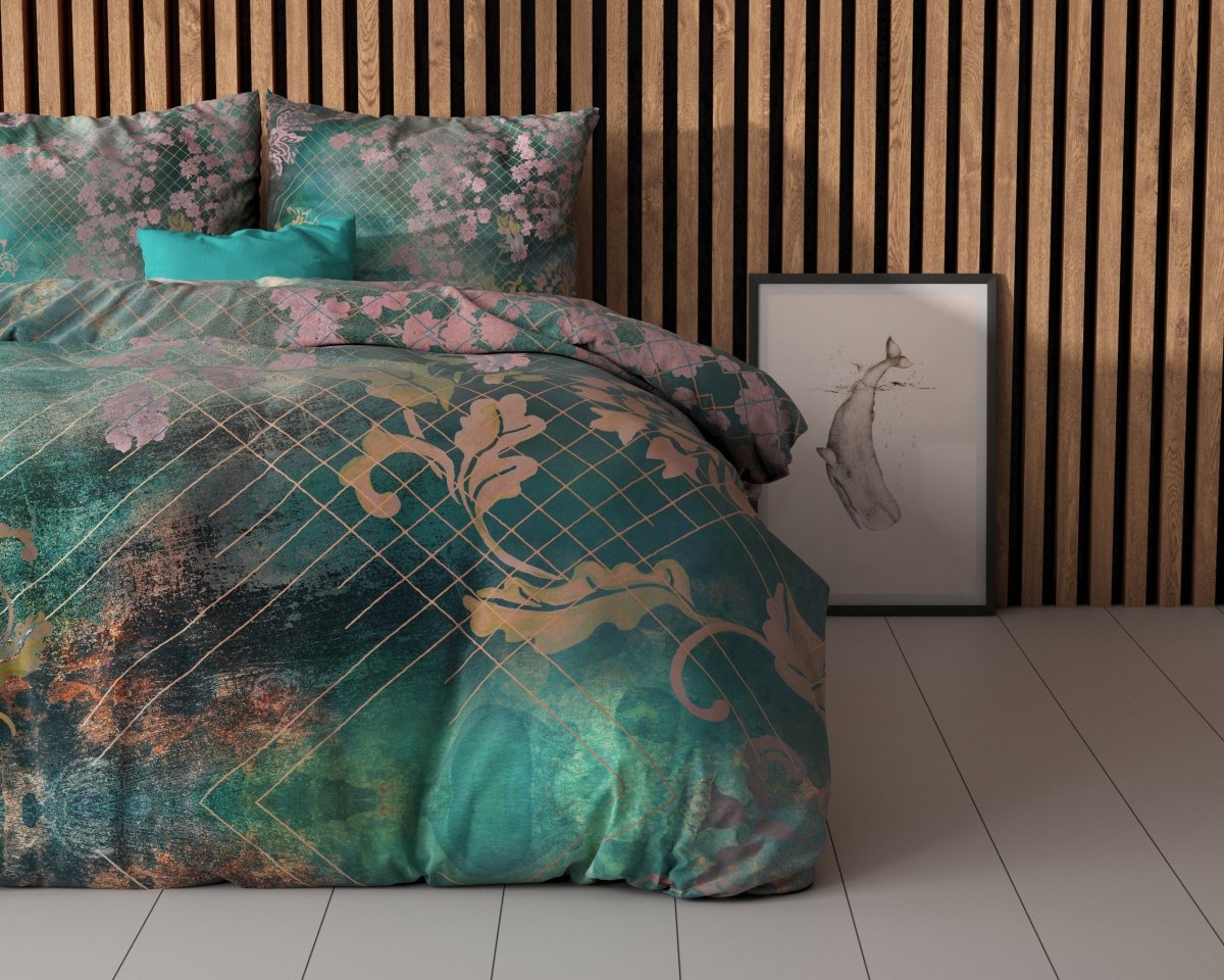 Micropercale Duvet Cover Set Raddison Flower | Green | Double - 200cm (W) x 200/220cm (L) - The Bedding & Blankets Store