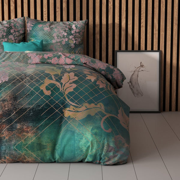 Micropercale Duvet Cover Set Raddison Flower | Green | Double - 200cm (W) x 200/220cm (L) - The Bedding & Blankets Store