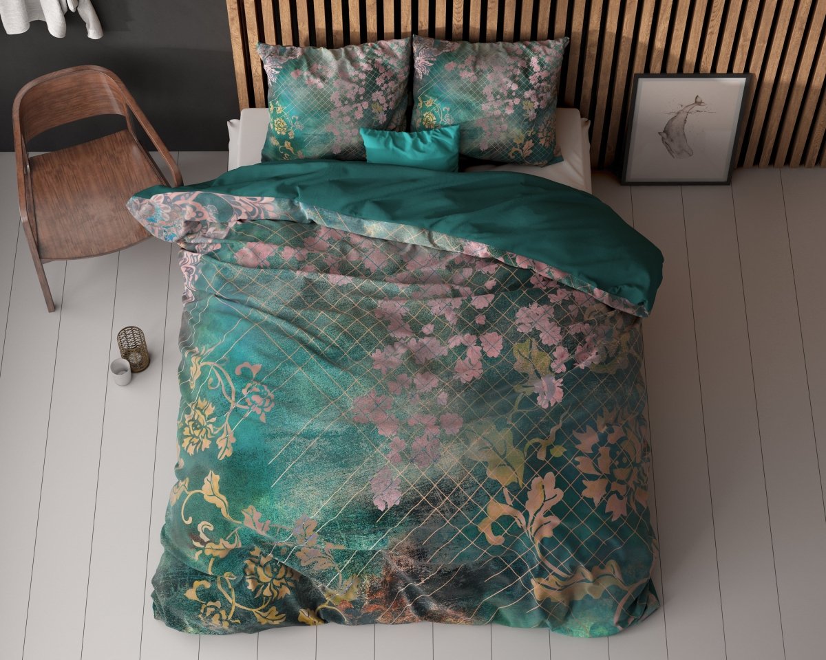 Micropercale Duvet Cover Set Raddison Flower | Green | Double - 200cm (W) x 200/220cm (L) - The Bedding & Blankets Store