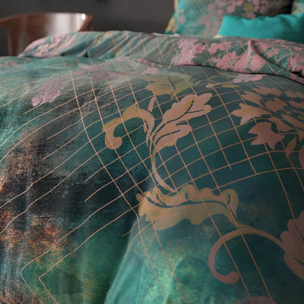 Micropercale Duvet Cover Set Raddison Flower | Green | Double - 200cm (W) x 200/220cm (L) - The Bedding & Blankets Store
