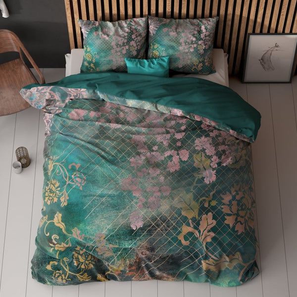 Micropercale Duvet Cover Set Raddison Flower | Green | Double - 200cm (W) x 200/220cm (L) - The Bedding & Blankets Store