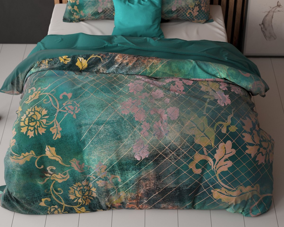 Micropercale Duvet Cover Set Raddison Flower | Green | Double - 200cm (W) x 200/220cm (L) - The Bedding & Blankets Store