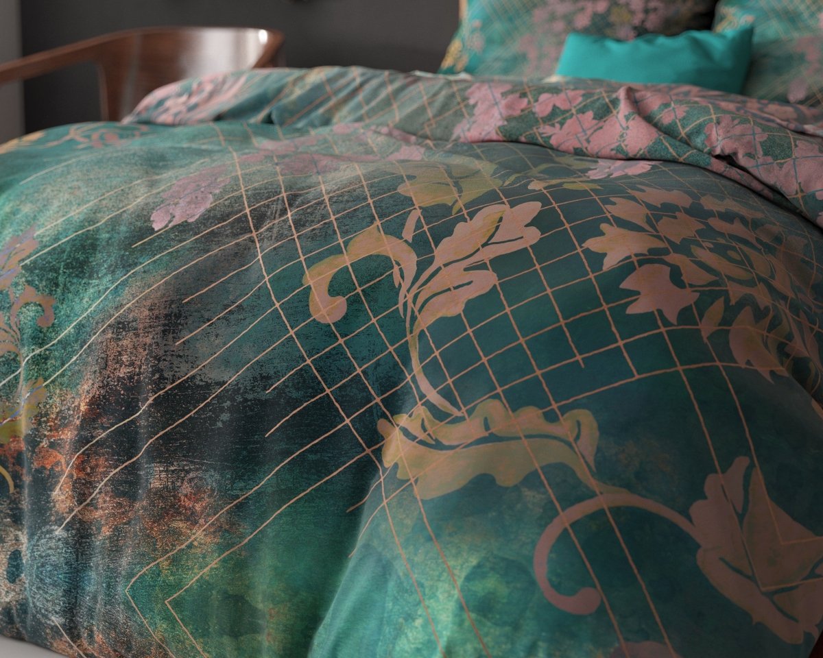 Micropercale Duvet Cover Set Raddison Flower | Green | Double - 200cm (W) x 200/220cm (L) - The Bedding & Blankets Store