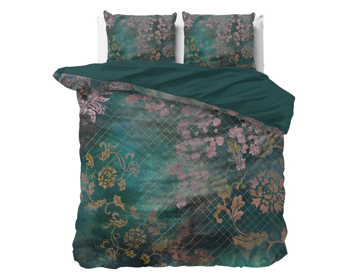Micropercale Duvet Cover Set Raddison Flower | Green | Double - 200cm (W) x 200/220cm (L) - The Bedding & Blankets Store