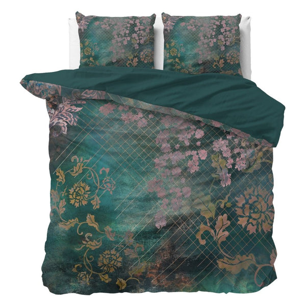 Micropercale Duvet Cover Set Raddison Flower | Green | Double - 200cm (W) x 200/220cm (L) - The Bedding & Blankets Store