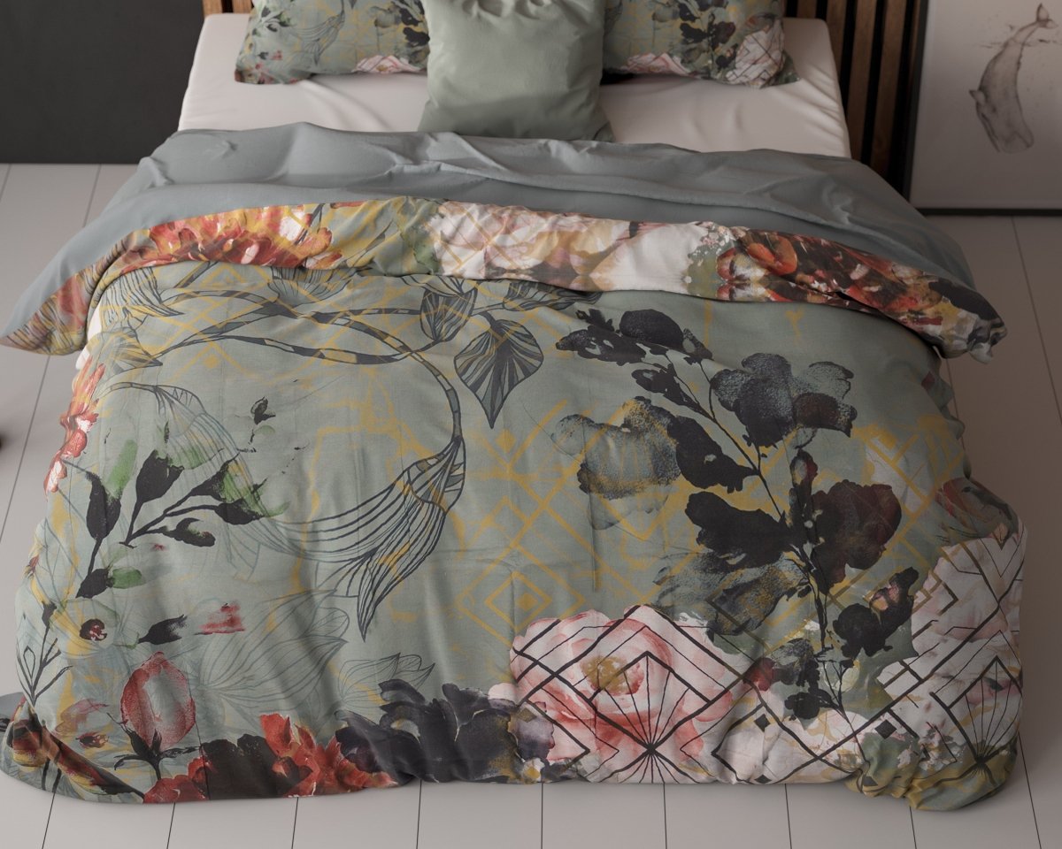 Micropercale Duvet Cover Set Triangle Nature | Green | Double - 200cm (W) x 200/220cm (L) - The Bedding & Blankets Store